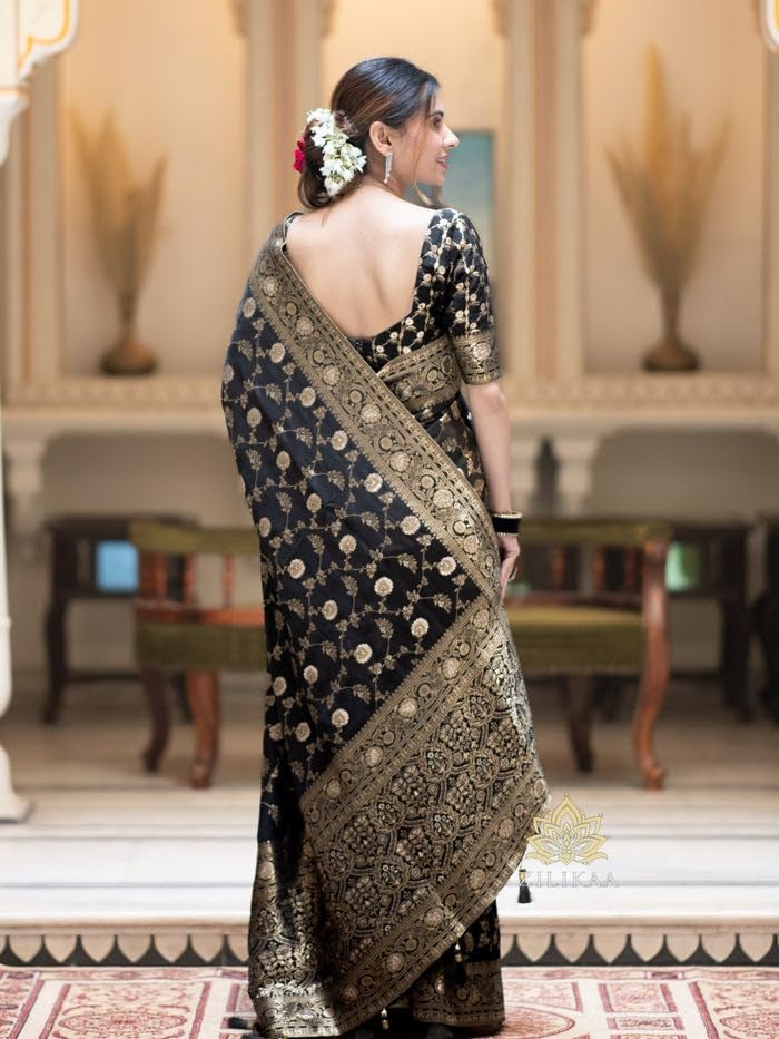 C J Enterprise Women's Banarasi Saree Pure Kanjivaram Silk Saree Soft Design Wear Pattu Sarees Latest Party Cotton With Blouse Piece for Wedding sadi new 2024 2025 (Pari-165) (Black) - Image 3