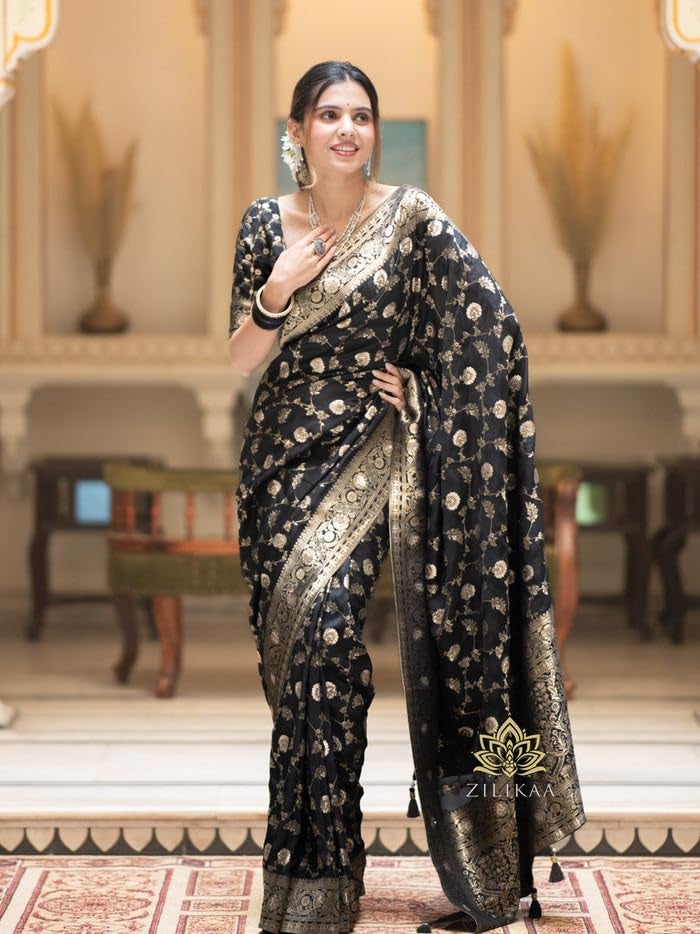 C J Enterprise Women's Banarasi Saree Pure Kanjivaram Silk Saree Soft Design Wear Pattu Sarees Latest Party Cotton With Blouse Piece for Wedding sadi new 2024 2025 (Pari-165) (Black) - Image 4