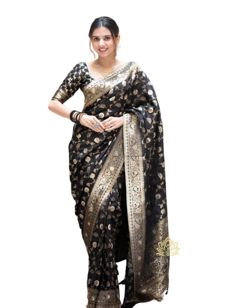 C J Enterprise Women's Banarasi Saree Pure Kanjivaram Silk Saree Soft Design Wear Pattu Sarees Latest Party Cotton With Blouse Piece for Wedding sadi new 2024 2025 (Pari-165) (Black) - Image 1