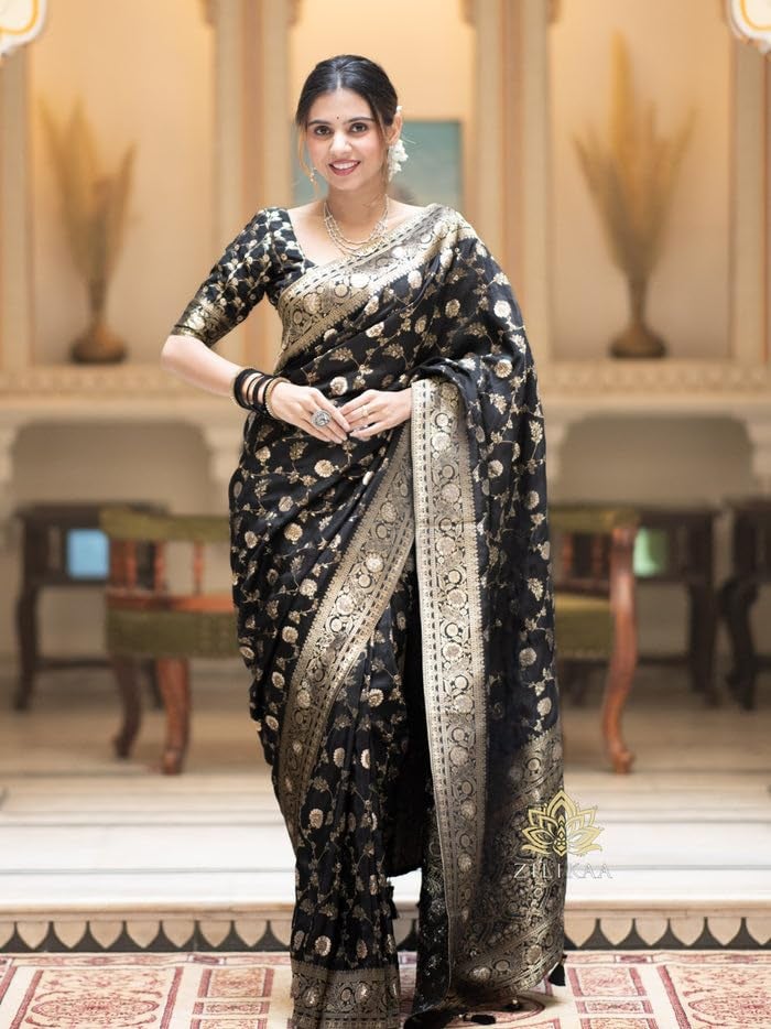 C J Enterprise Women's Banarasi Saree Pure Kanjivaram Silk Saree Soft Design Wear Pattu Sarees Latest Party Cotton With Blouse Piece for Wedding sadi new 2024 2025 (Pari-165) (Black) - Image 2