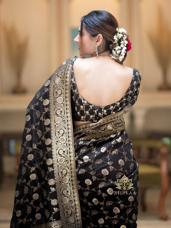 C J Enterprise Women's Banarasi Saree Pure Kanjivaram Silk Saree Soft Design Wear Pattu Sarees Latest Party Cotton With Blouse Piece for Wedding sadi new 2024 2025 (Pari-165) (Black) - Image 5