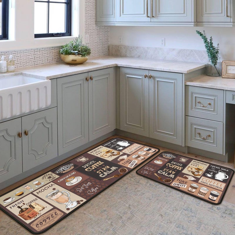 kukli kitchen Coffee Kitchen Rugs and Mats Non-Slip, Washable, Stain and Fade Resistant, Suitable for Kitchen Mat Set of 2 Coffee Kitchen Decor 17" x47"+17"x30" - Image 3