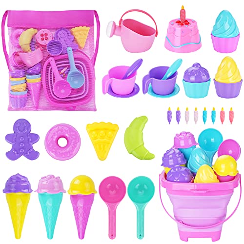 TSDATOWR Ice Cream Beach Toys Sand Toys Set for Kids Collapsible Sand Bucket and Shovels Set with Mesh Bag Sand Molds Watering Can Sandbox Toys for Kids and Toddlers Travel Sand Toys for Beach - Image 1