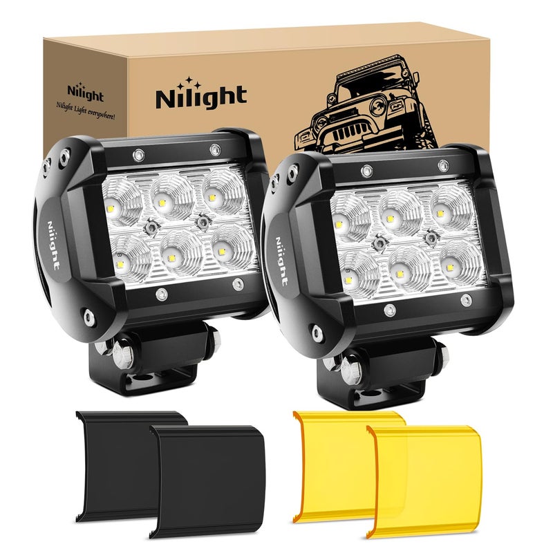 Nilight LED Light Pod with Yellow Black Covers 2PCS 18W 1260LM Flood Off Road Lights Super Bright Driving Fog Boat Lighting Pods for Trucks Pickup Golf Cart SUV ATV UTV 4x4 Van Camper - Image 1