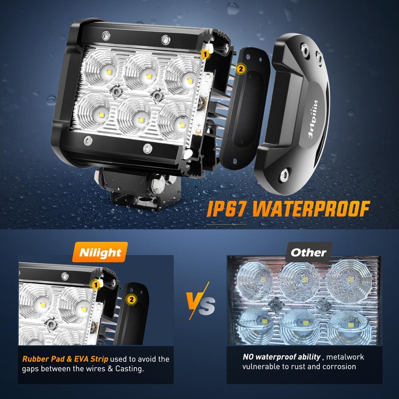 Nilight LED Light Pod with Yellow Black Covers 2PCS 18W 1260LM Flood Off Road Lights Super Bright Driving Fog Boat Lighting Pods for Trucks Pickup Golf Cart SUV ATV UTV 4x4 Van Camper - Image 4