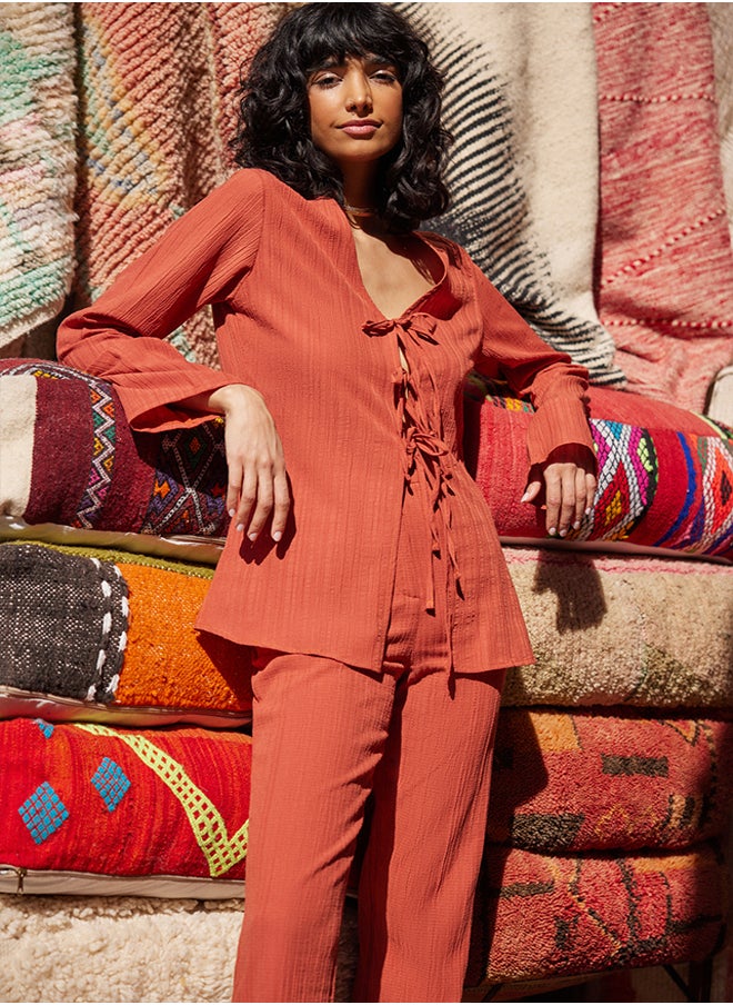 trendyol - Brown Flare Pattern Textured Woven Trousers TWOSS24PL00050 - Image 1