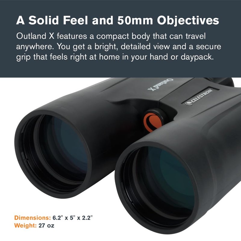 Celestron â€“ Outland X 10x50 Binoculars â€“ Waterproof & Fogproof â€“ Binoculars for Adults â€“ Multi-Coated Optics and BaK-4 Prisms â€“ Protective Rubber Armoring, Black - Image 2