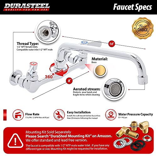 DuraSteel Kitchen Sink Faucet Wall Mount - DuraSteel 8" Center Commercial Kitchen Sink Faucet with 10" Swivel Spout - Dual Lever Handles - Brass Constructed & Chrome Polished - Image 5