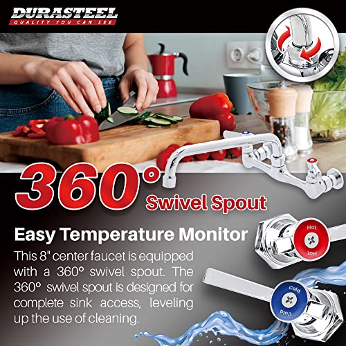 DuraSteel Kitchen Sink Faucet Wall Mount - DuraSteel 8" Center Commercial Kitchen Sink Faucet with 10" Swivel Spout - Dual Lever Handles - Brass Constructed & Chrome Polished - Image 4