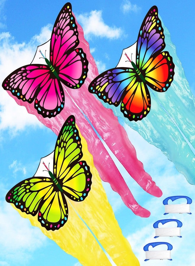 Silipull 3 Pack Tulle Butterfly Kites 55" x 28" Easy to Fly Large Kites with 328ft String Colorful Rainbow Beach Kite for Beginners Adults Outdoor Supplies - Image 1