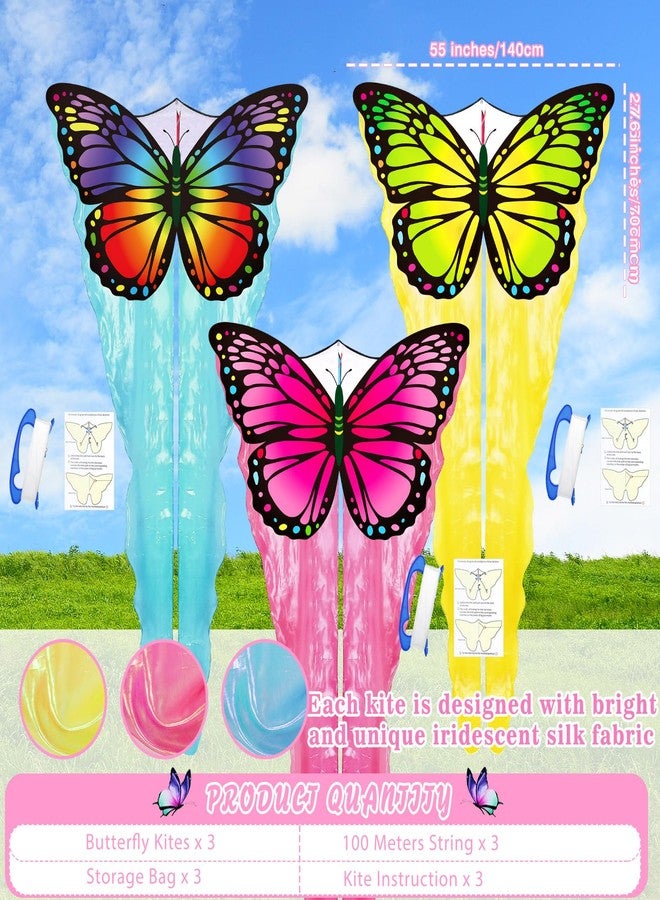 Silipull 3 Pack Tulle Butterfly Kites 55" x 28" Easy to Fly Large Kites with 328ft String Colorful Rainbow Beach Kite for Beginners Adults Outdoor Supplies - Image 2
