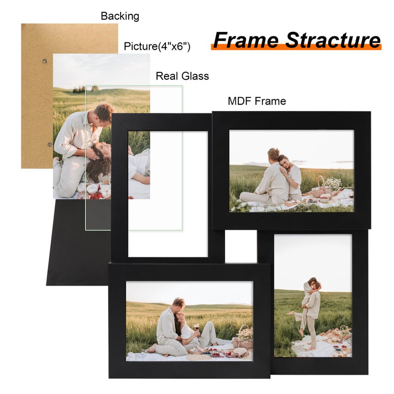 YESKAY 4x6 Collage Picture Frames Set of 1, Multi Family Photo Frame with Real Glass, Displays Four 4x6 Photo, Wall Decor Wall Hanging or Tabletop, Black - Image 3