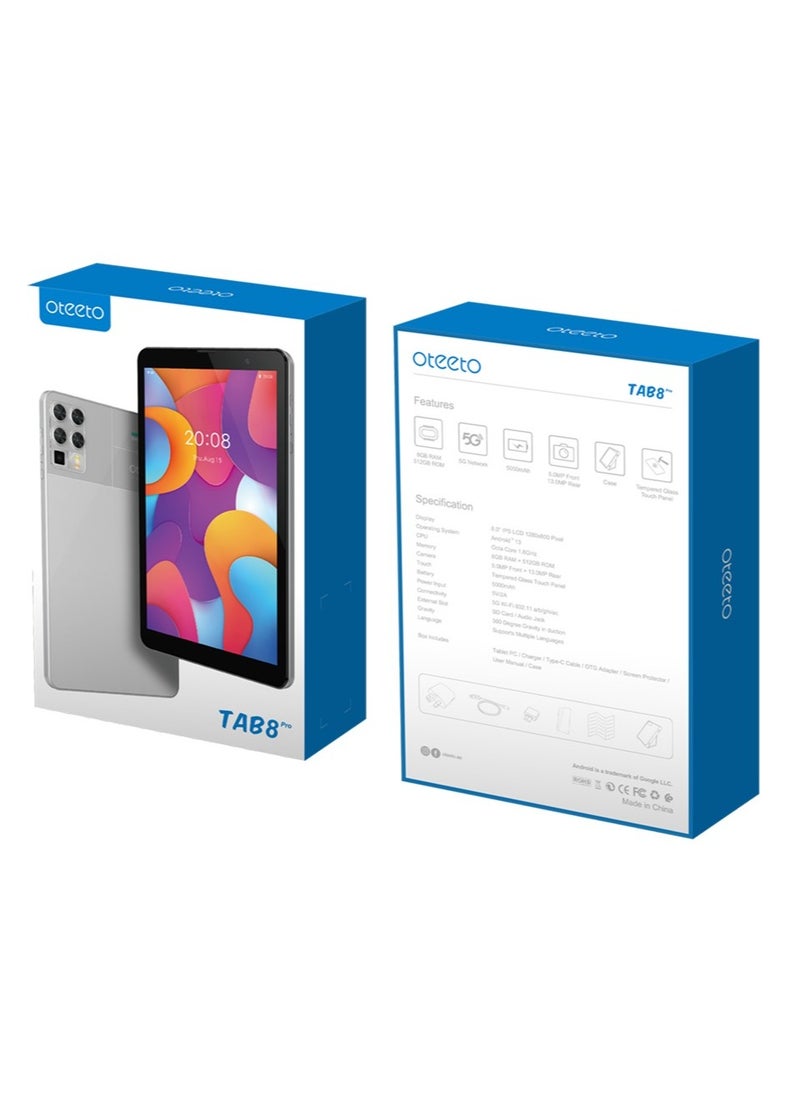 Oteeto - Oteeto Tab 8 Pro 5G Android Tablet with 8 inch Display 8 GB RAM 512GB ROM and 5000 mAh Battery Grey - Image 1