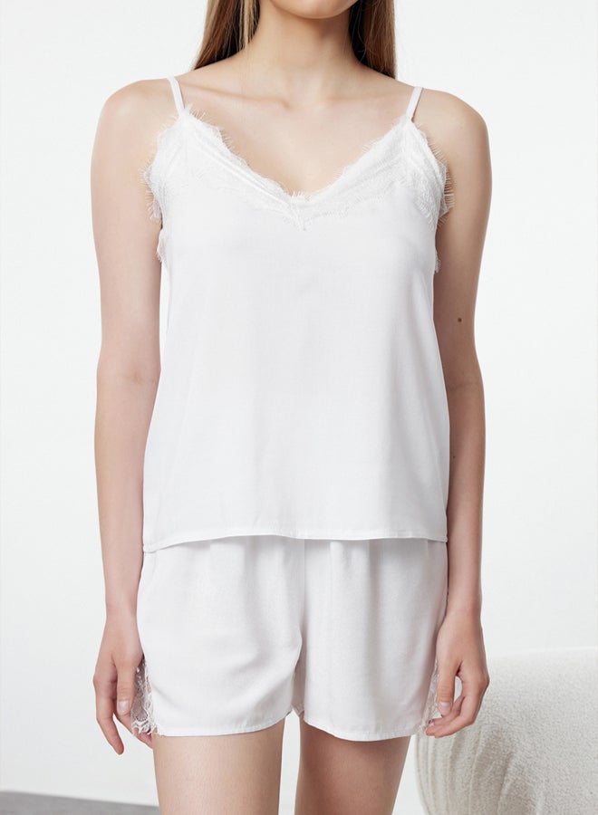 trendyol White Lace Rope Strap Viscose Shorts Woven Pajama Set  - Image 3
