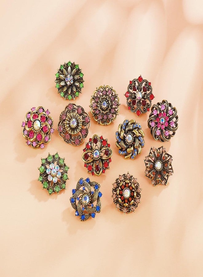 MEEDOZ 12 PCS Antique Gold Tone Small Size Mixed Color Crystal Rhinestone Flower Brooch Pins for Women Crafts Wedding Bouquet Brooches Bulk Set - Image 3
