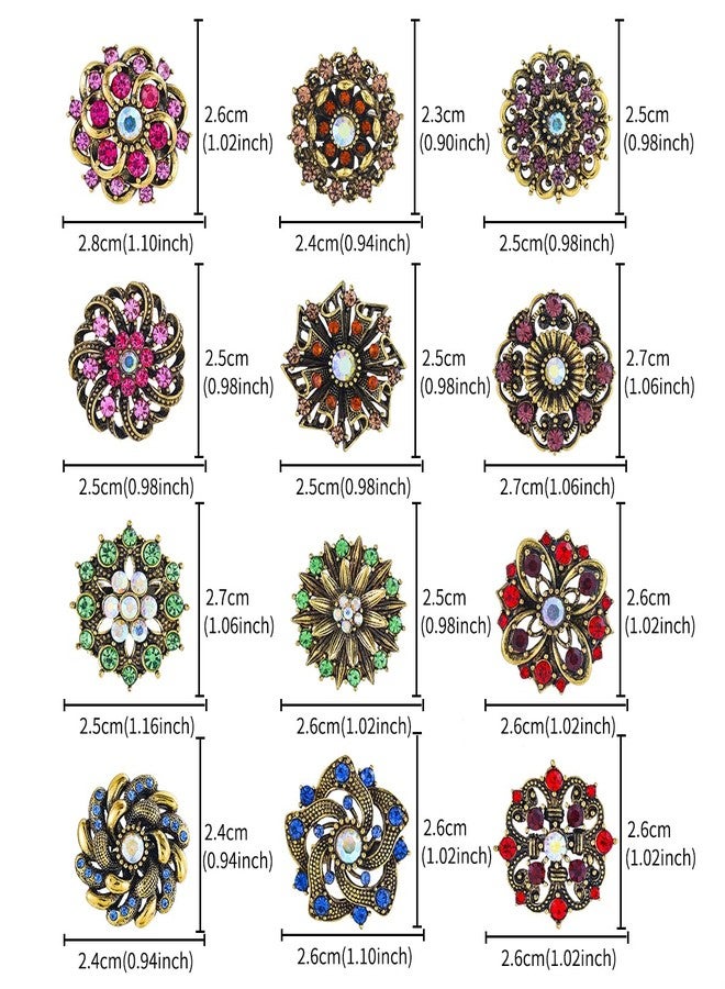MEEDOZ 12 PCS Antique Gold Tone Small Size Mixed Color Crystal Rhinestone Flower Brooch Pins for Women Crafts Wedding Bouquet Brooches Bulk Set - Image 2