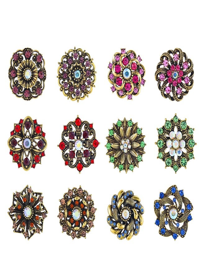 MEEDOZ 12 PCS Antique Gold Tone Small Size Mixed Color Crystal Rhinestone Flower Brooch Pins for Women Crafts Wedding Bouquet Brooches Bulk Set - Image 1