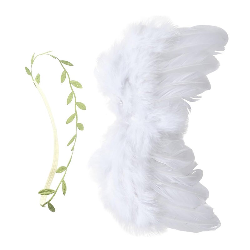 White Angel Wings And Green Leaves Headband Set For Newborn Photography Shower Photo Props - Image 2