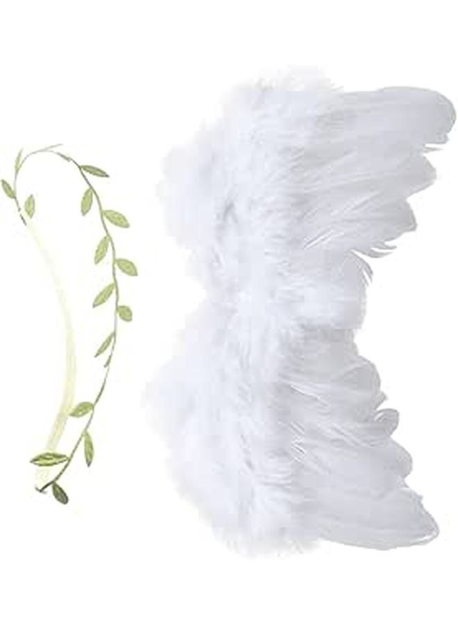 White Angel Wings And Green Leaves Headband Set For Newborn Photography Shower Photo Props - Image 1