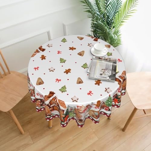 Sphragiyn Xmas Tablecloth Round 60 Inch Gingerbread House Holiday Table Cloth Water Resistant Fabric Table Covers for Kitchen Dining Party Home Decor - Image 3