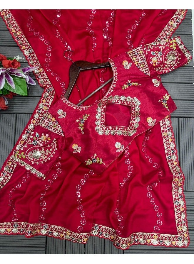 Rangoli Saree For Womens And Girls Pure Rangoli Silk Saree With Sequins Cording Embroidery Work Bollywood Saree And Stiched Blouse (A5), Red - Image 4