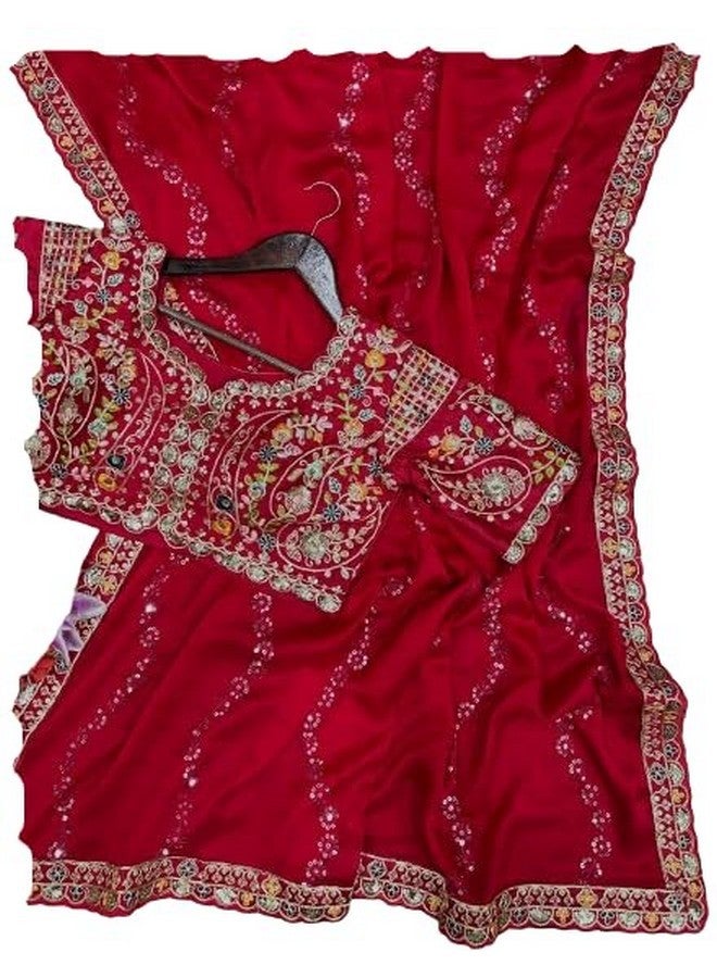 Rangoli Saree For Womens And Girls Pure Rangoli Silk Saree With Sequins Cording Embroidery Work Bollywood Saree And Stiched Blouse (A5), Red - Image 1