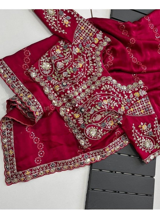 Rangoli Saree For Womens And Girls Pure Rangoli Silk Saree With Sequins Cording Embroidery Work Bollywood Saree And Stiched Blouse (A5), Red - Image 2