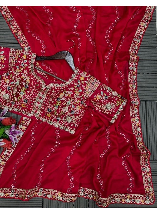 Rangoli Saree For Womens And Girls Pure Rangoli Silk Saree With Sequins Cording Embroidery Work Bollywood Saree And Stiched Blouse (A5), Red - Image 3