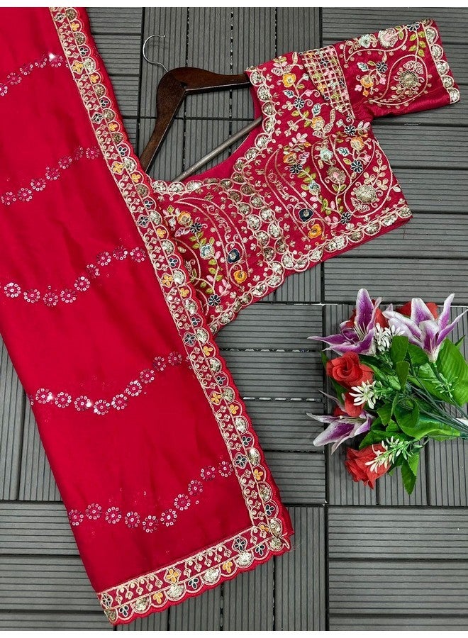 Rangoli Saree For Womens And Girls Pure Rangoli Silk Saree With Sequins Cording Embroidery Work Bollywood Saree And Stiched Blouse (A5), Red - Image 5