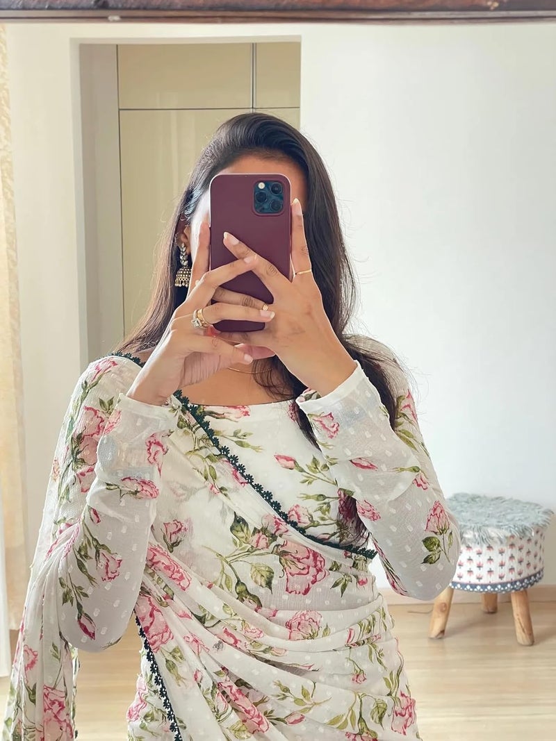 Sidhidata Women's Floral Printed Georgette Ready To Wear Saree with Unstitched Blouse Piece - Image 2