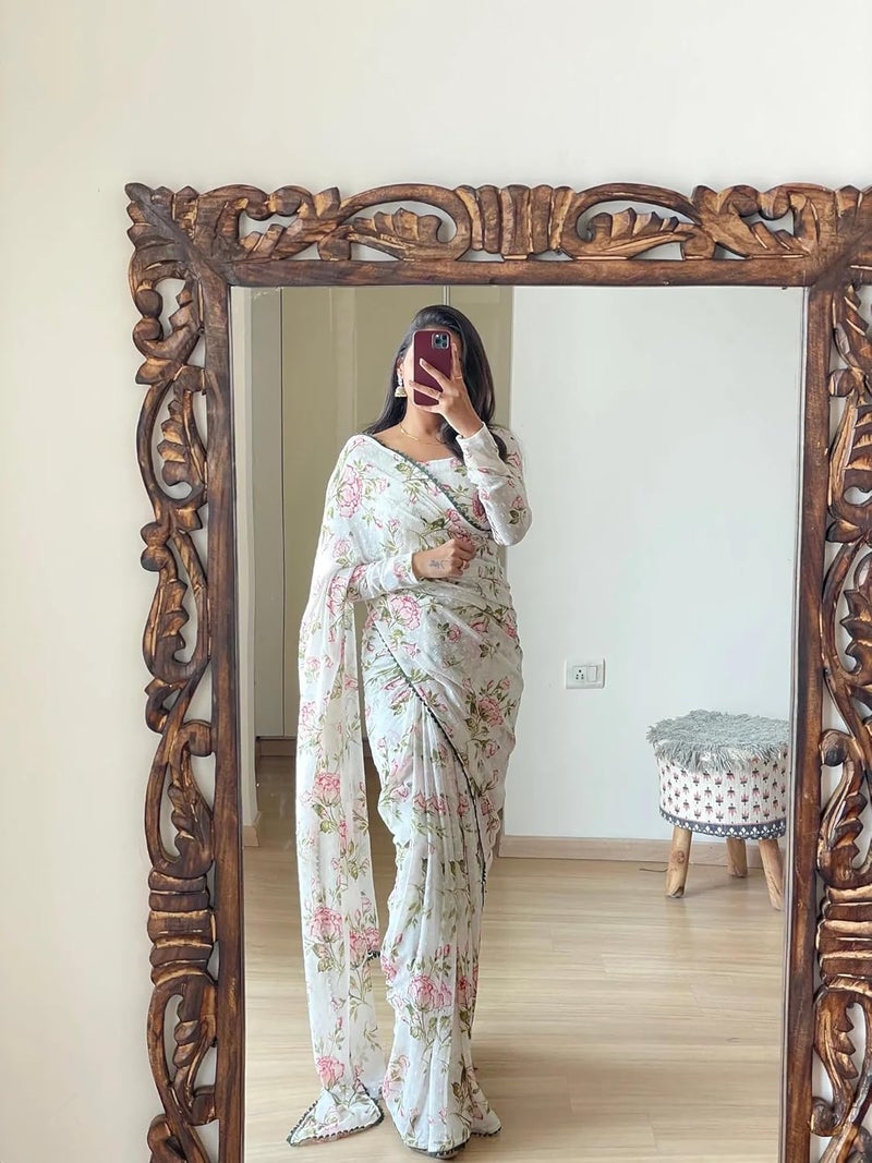 Sidhidata Women's Floral Printed Georgette Ready To Wear Saree with Unstitched Blouse Piece - Image 3