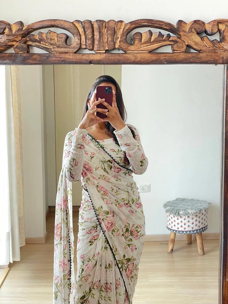 Sidhidata Women's Floral Printed Georgette Ready To Wear Saree with Unstitched Blouse Piece - Image 5