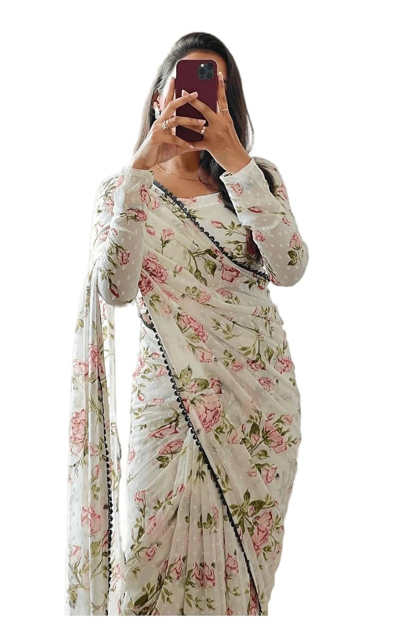 Sidhidata Women's Floral Printed Georgette Ready To Wear Saree with Unstitched Blouse Piece - Image 1