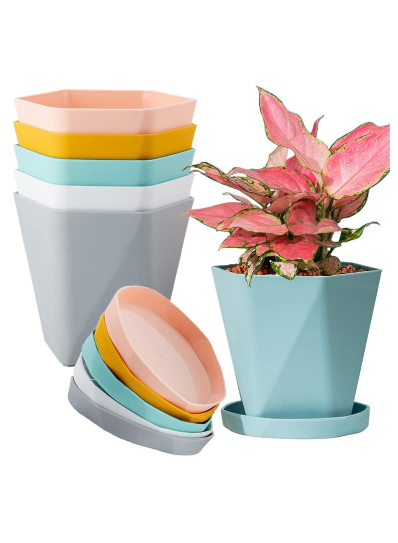 SYOSI 6 Pack Plant Pots, Indoor Plastic Flower Pots Outdoor 5 inch with Drainage Holes and Saucers for Garden pots  - Image 1