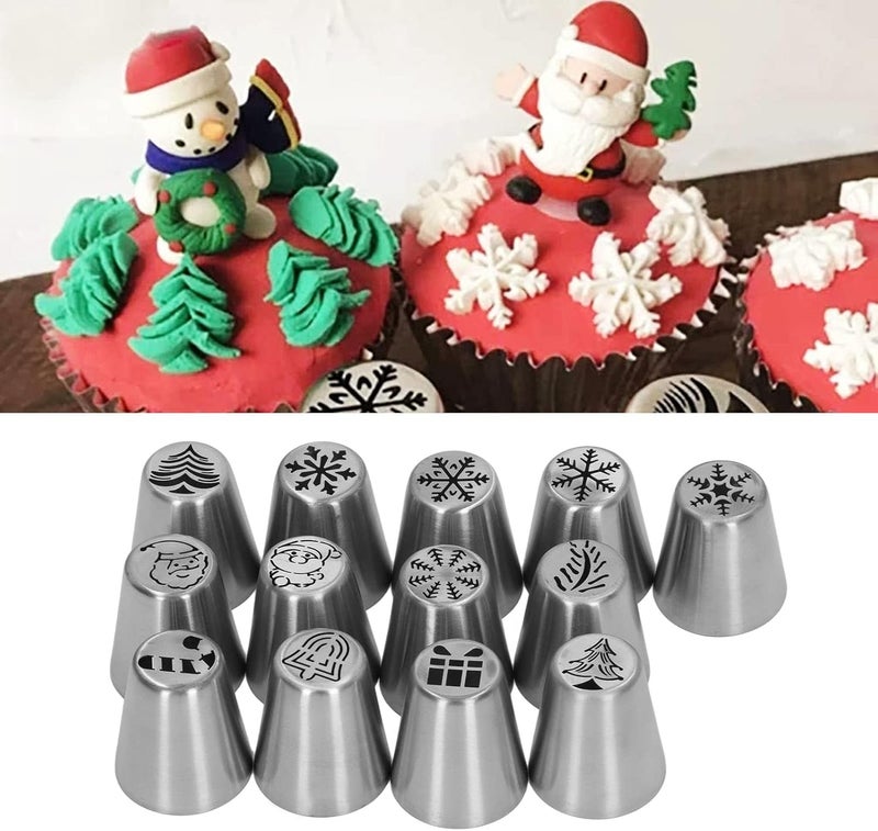Pwshymi Cake Decorating Tips, Stainless Steel Christmas Elements Pattern Christmas Flower Frosting Tips 13pcs High Hardness for Baking Daily Decoration, Pwshymiwxp62cve5t - Image 4