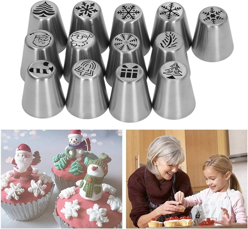 Pwshymi Cake Decorating Tips, Stainless Steel Christmas Elements Pattern Christmas Flower Frosting Tips 13pcs High Hardness for Baking Daily Decoration, Pwshymiwxp62cve5t - Image 2