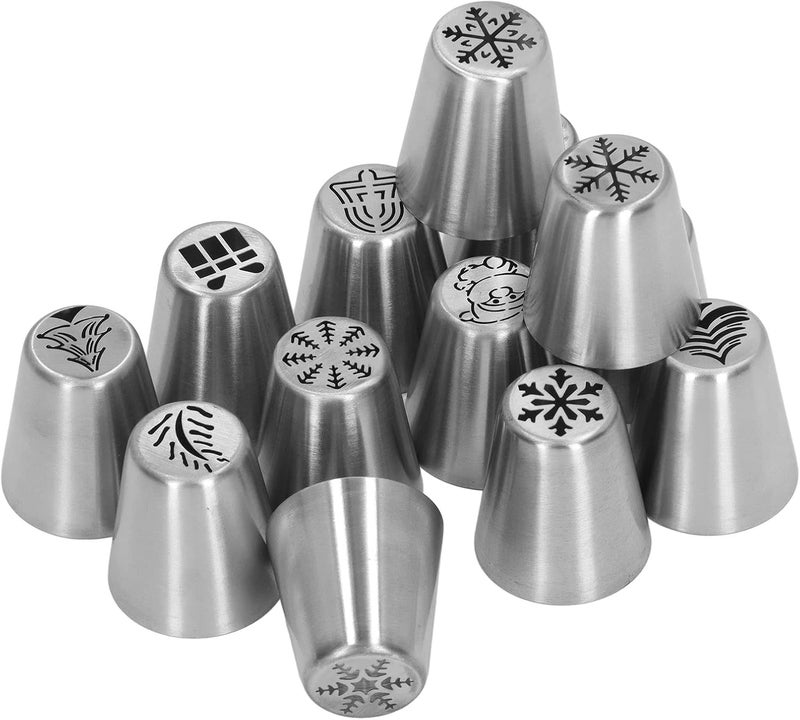 Pwshymi Cake Decorating Tips, Stainless Steel Christmas Elements Pattern Christmas Flower Frosting Tips 13pcs High Hardness for Baking Daily Decoration, Pwshymiwxp62cve5t - Image 1