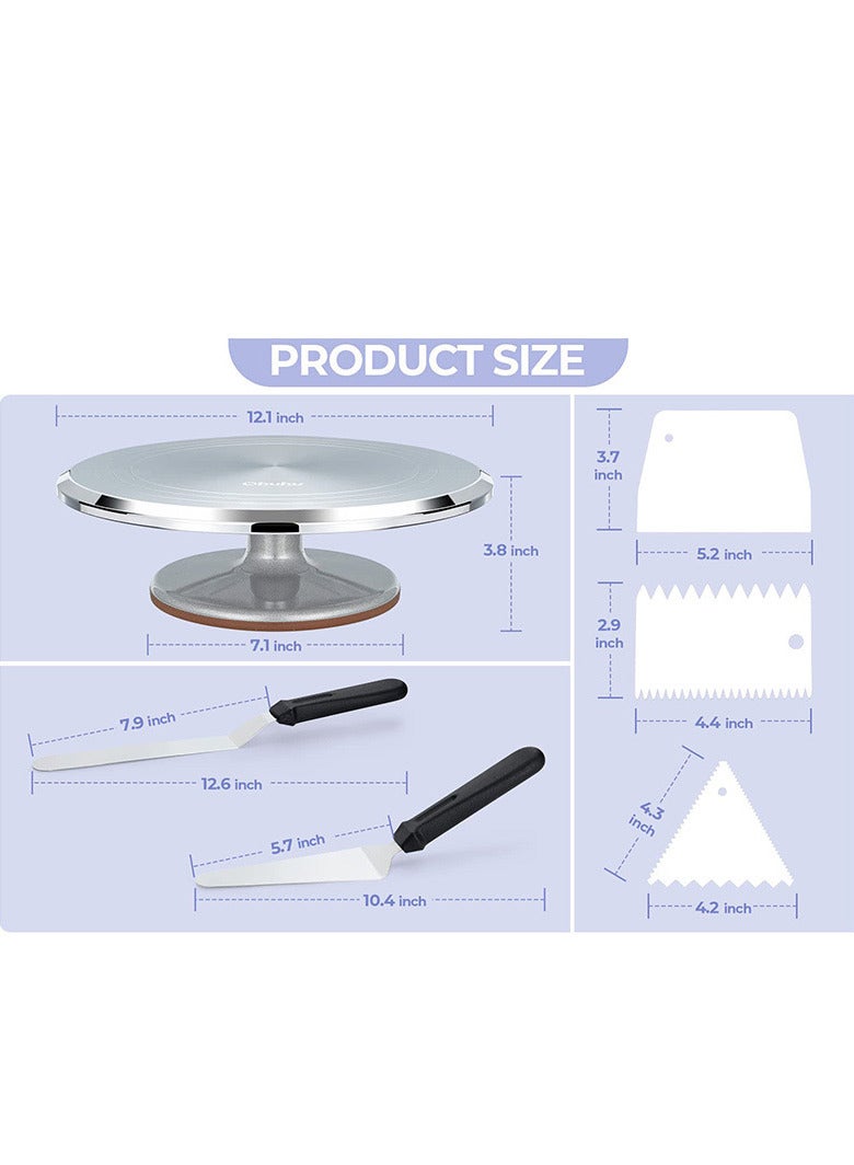 12inch Cake Stand Aluminum Cake Turntable Rotating Revolving Decorating Stand with Angled Icing Spatula and Comb Icing Smoother  - Image 2
