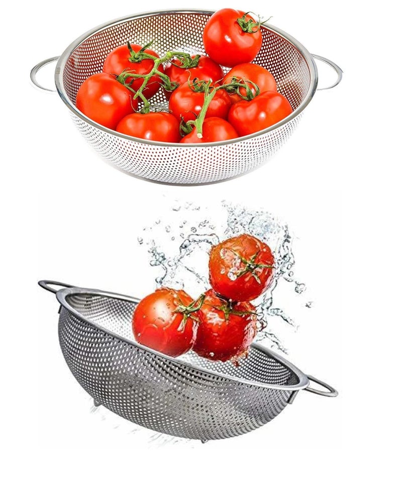 FRESHOME Multipurpose Stainless Steel Colander Kitchen Strainer Sieve with Handle for Washing Rice, Fruits, Vegetables and Grains to Filter Easily Silver, Large 31x 31 x10CM (Pack of 2) - Image 1