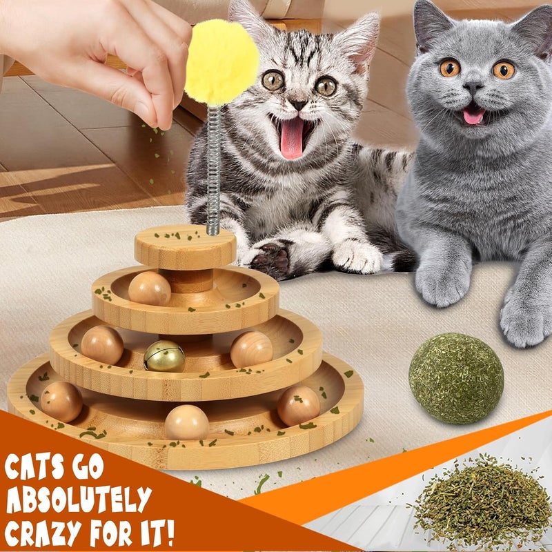 DoogCat Cat Toys Bamboo 3-Level Turntable, Interactive Cat Toy Balls with 9 Wooden Balls, Interactive Kitten Fun Mental Physical Exercise Puzzle Kitten Balls Toy - Image 3