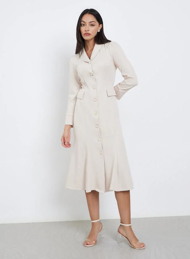 Styli Beige Long Sleeves Blazer Midi Dress