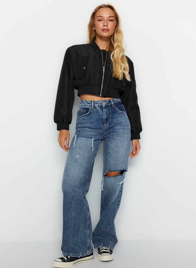 trendyol Blue Ripped High Waist Wide Leg Jeans  - Image 3