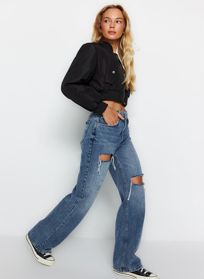 trendyol Blue Ripped High Waist Wide Leg Jeans  - Image 1