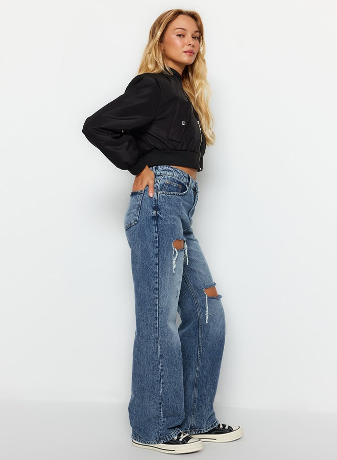 trendyol Blue Ripped High Waist Wide Leg Jeans  - Image 2