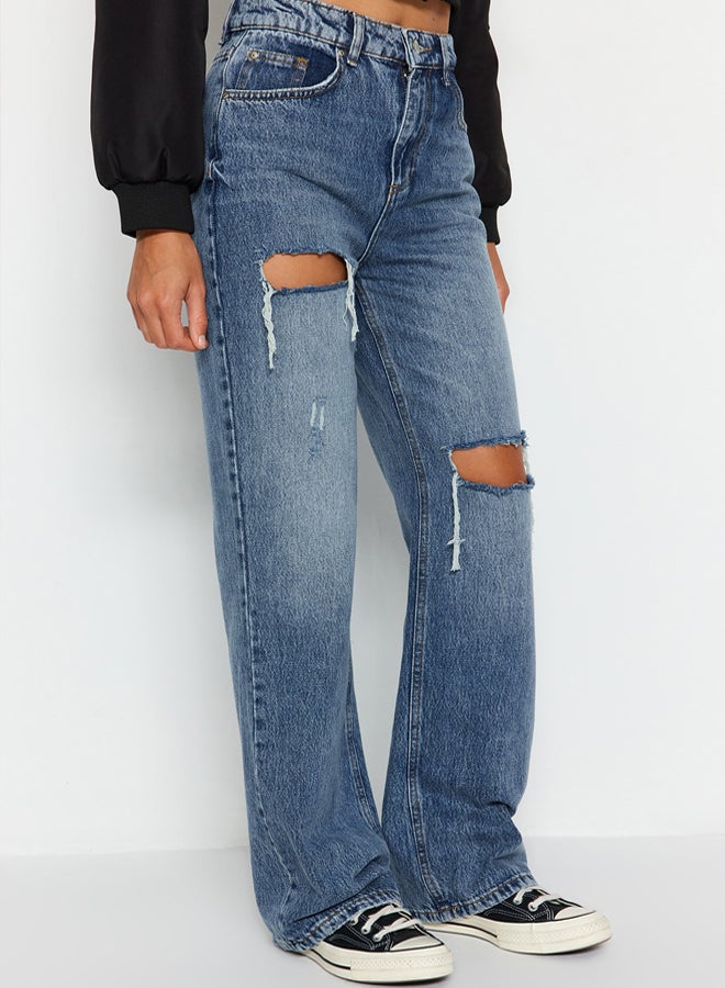 trendyol Blue Ripped High Waist Wide Leg Jeans  - Image 5