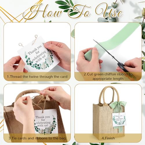GliCraft 20 Pack Burlap Tote Bags with Handles Reusable Jute Gift Bags Thank You Gift Tags Chiffon Silk Ribbons for Wedding Invitations Parties and Baby Showers Bridesmaid(Sage Green) - Image 5