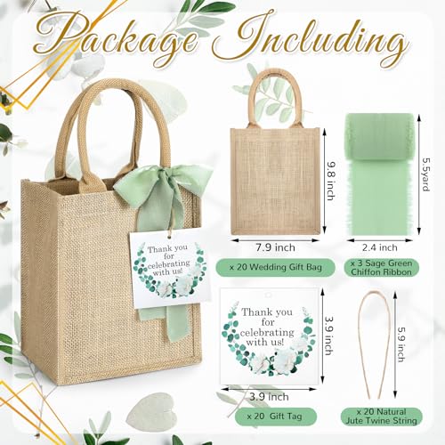 GliCraft 20 Pack Burlap Tote Bags with Handles Reusable Jute Gift Bags Thank You Gift Tags Chiffon Silk Ribbons for Wedding Invitations Parties and Baby Showers Bridesmaid(Sage Green) - Image 2
