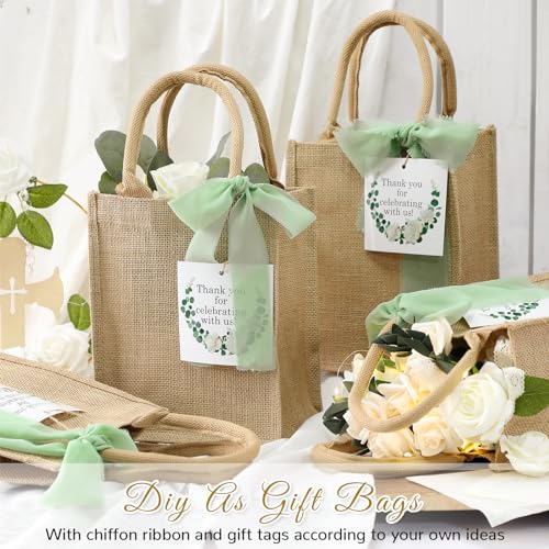 GliCraft 20 Pack Burlap Tote Bags with Handles Reusable Jute Gift Bags Thank You Gift Tags Chiffon Silk Ribbons for Wedding Invitations Parties and Baby Showers Bridesmaid(Sage Green) - Image 4