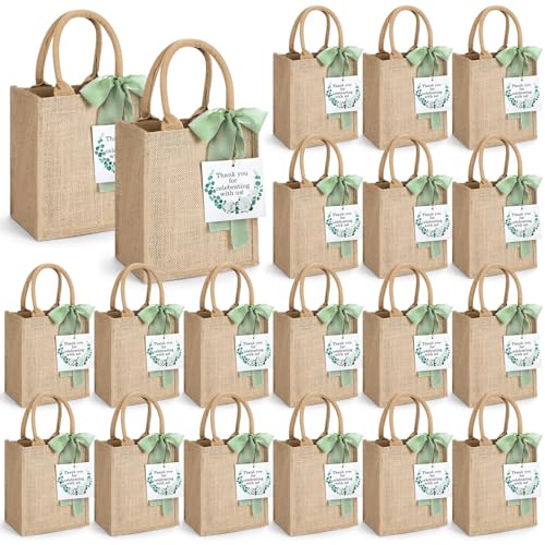 GliCraft 20 Pack Burlap Tote Bags with Handles Reusable Jute Gift Bags Thank You Gift Tags Chiffon Silk Ribbons for Wedding Invitations Parties and Baby Showers Bridesmaid(Sage Green) - Image 1