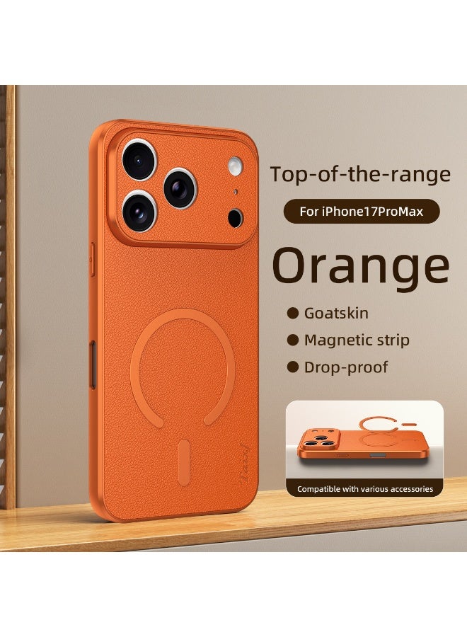 iPhone 17 Pro Max Case, Orange Full-Grain Goatskin, MagSafe Compatible, Ultra-Thin Shockproof Protective  Cover，orange - Image 2